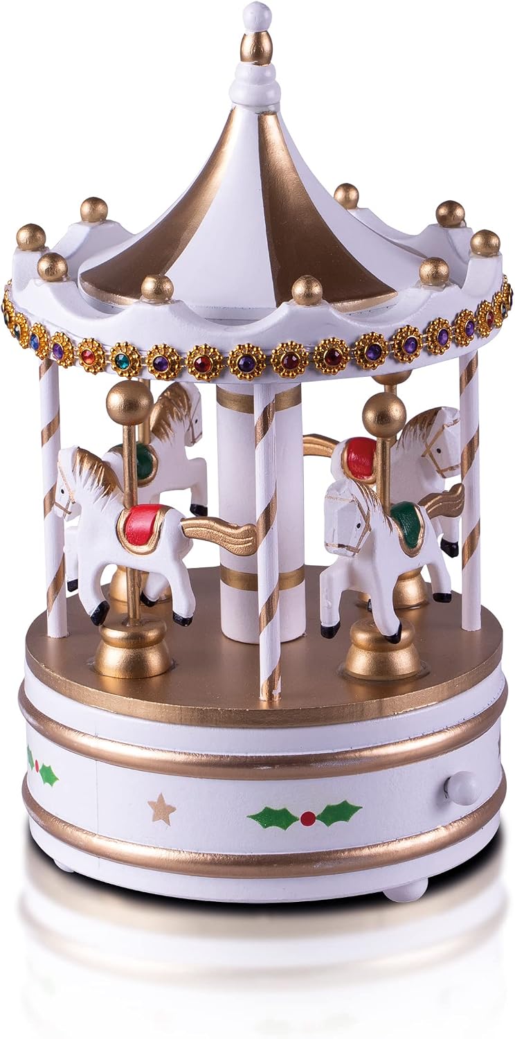 St Helens Home & Garden Wooden Carousel Music Box White & Gold - GH9038