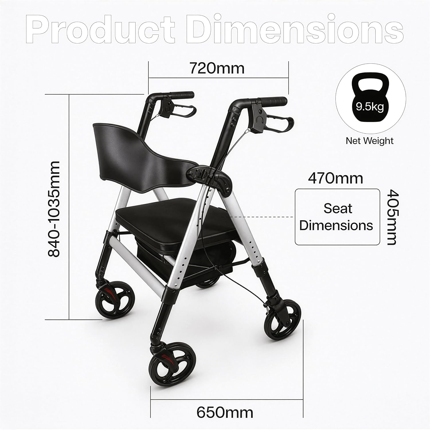 Aidapt Bariatric Folding Lightweight 4 Wheeled Rollator With Seat - VP187D