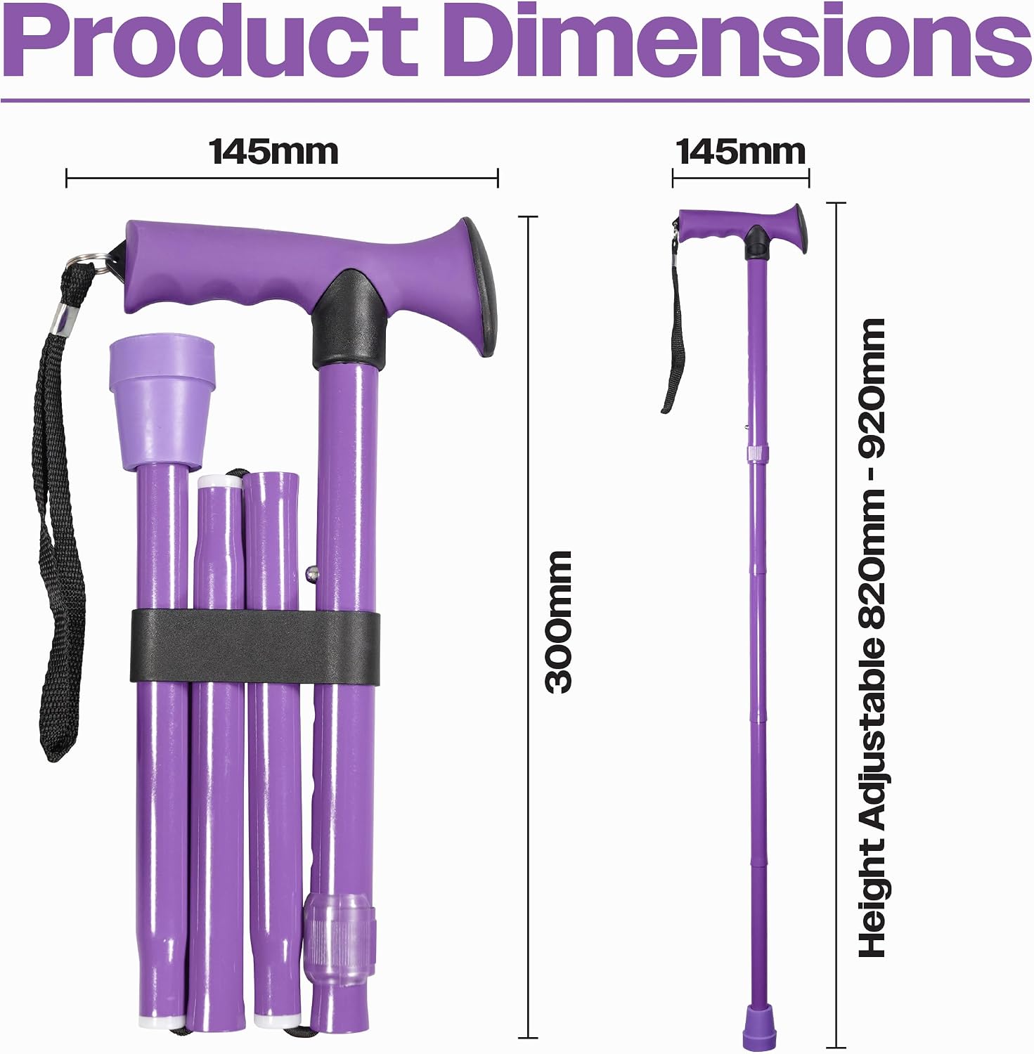 Folding Adjustable Walking Stick With Ergonomic Handle Lilac - VP155EB