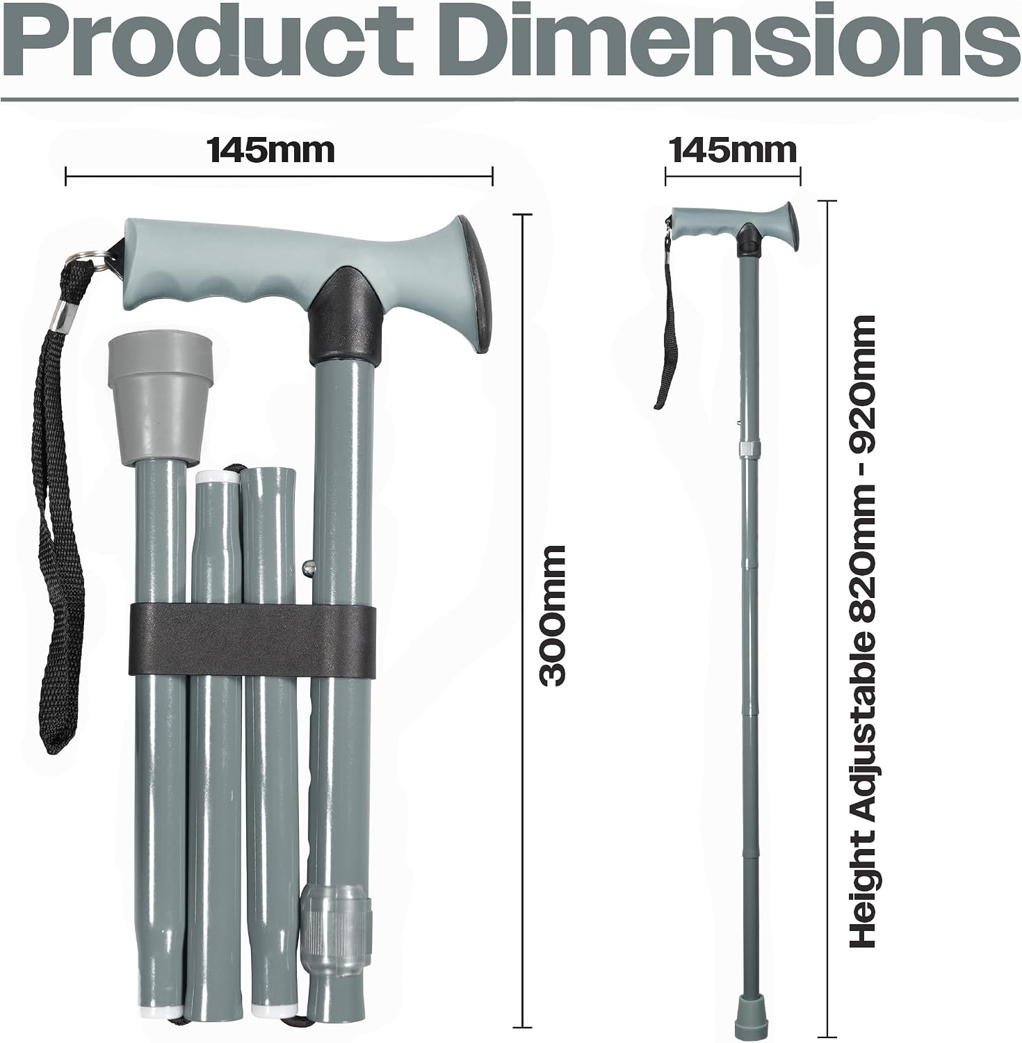 Folding Adjustable Walking Stick With Ergonomic Handle Grey - VP155EC