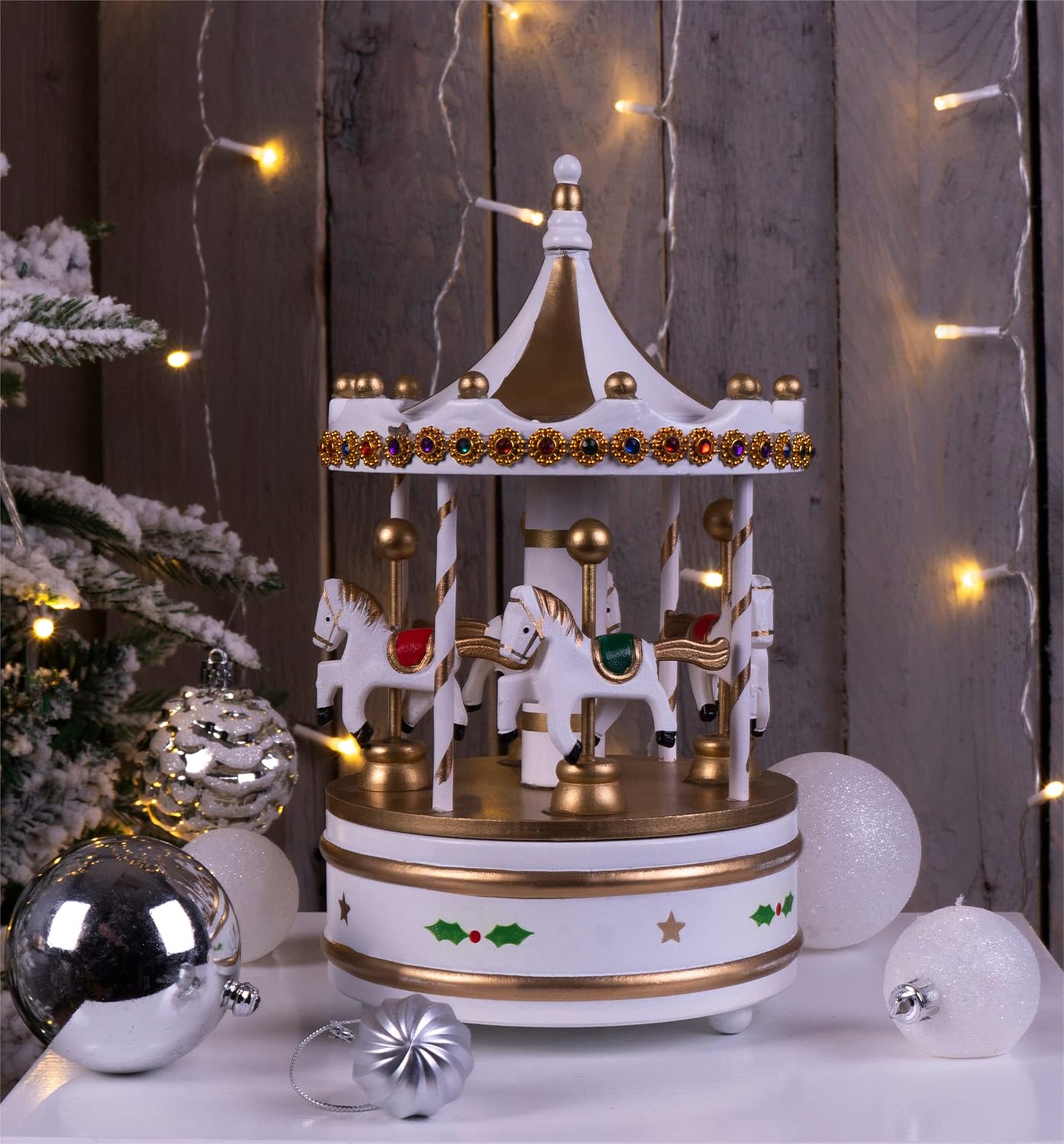 St Helens Home & Garden Wooden Carousel Music Box White & Gold - GH9038