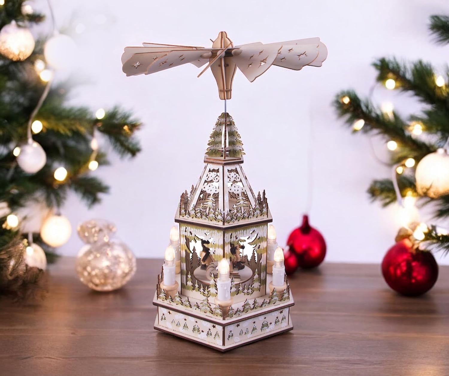 Battery Powered Wooden Christmas Pyramid with 6 LED Lights - GH9030