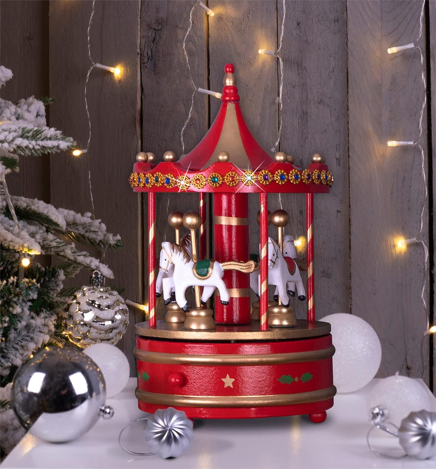 St Helens Home & Garden Wooden Carousel Music Box Red & Gold - GH9036