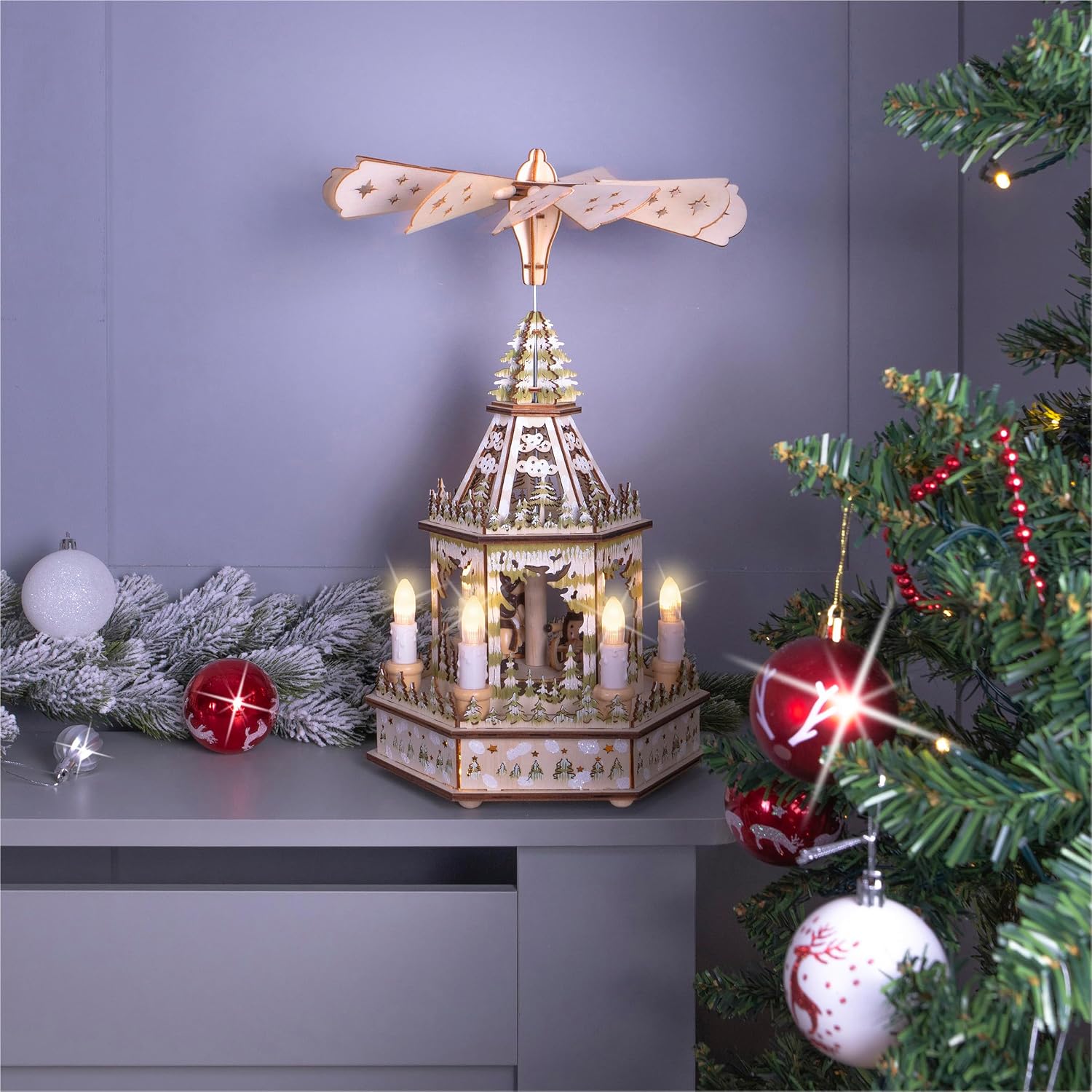 Battery Powered Wooden Christmas Pyramid with 6 LED Lights - GH9030