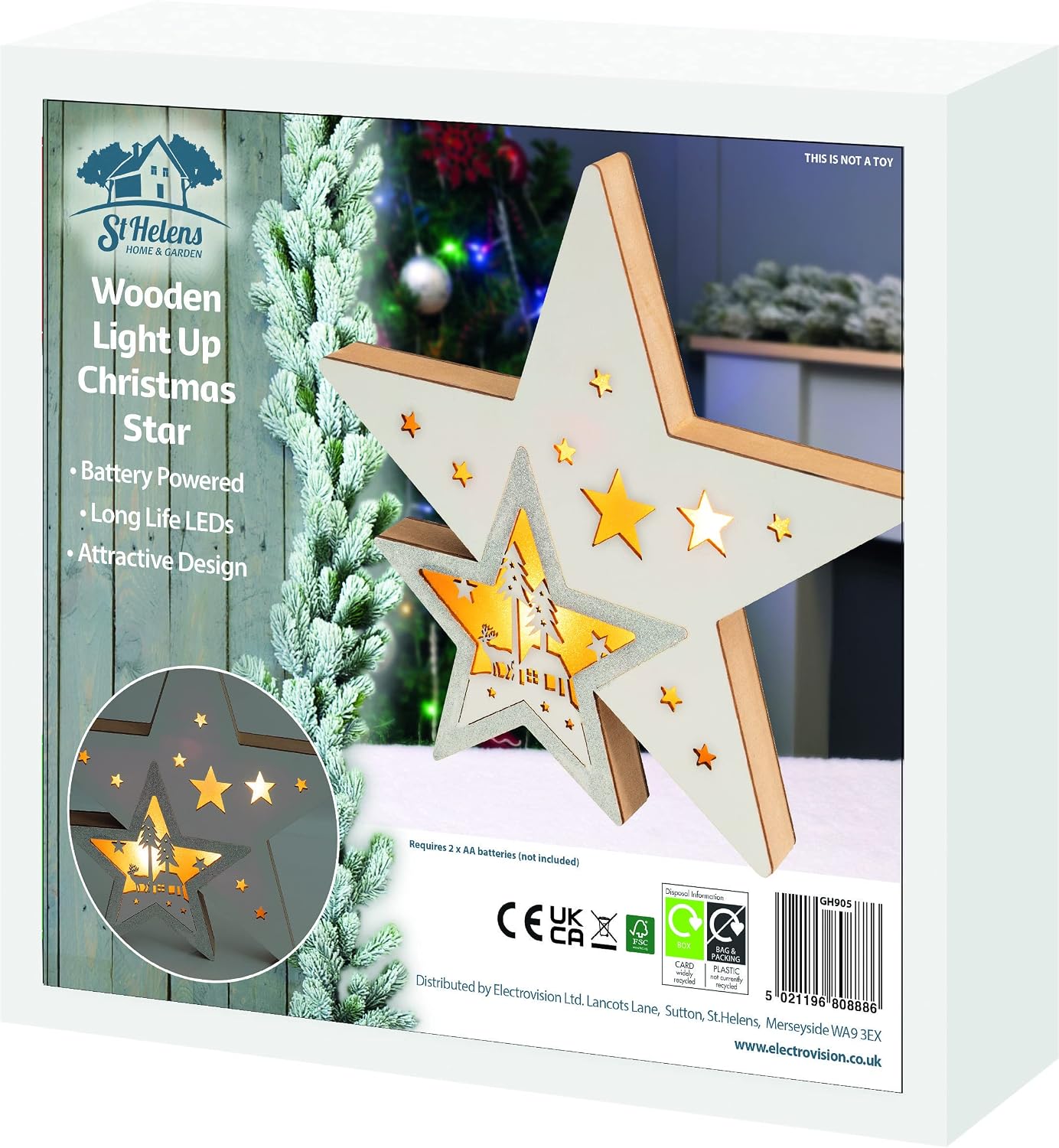 Battery Powered Light Up Wooden Christmas Star- GH905