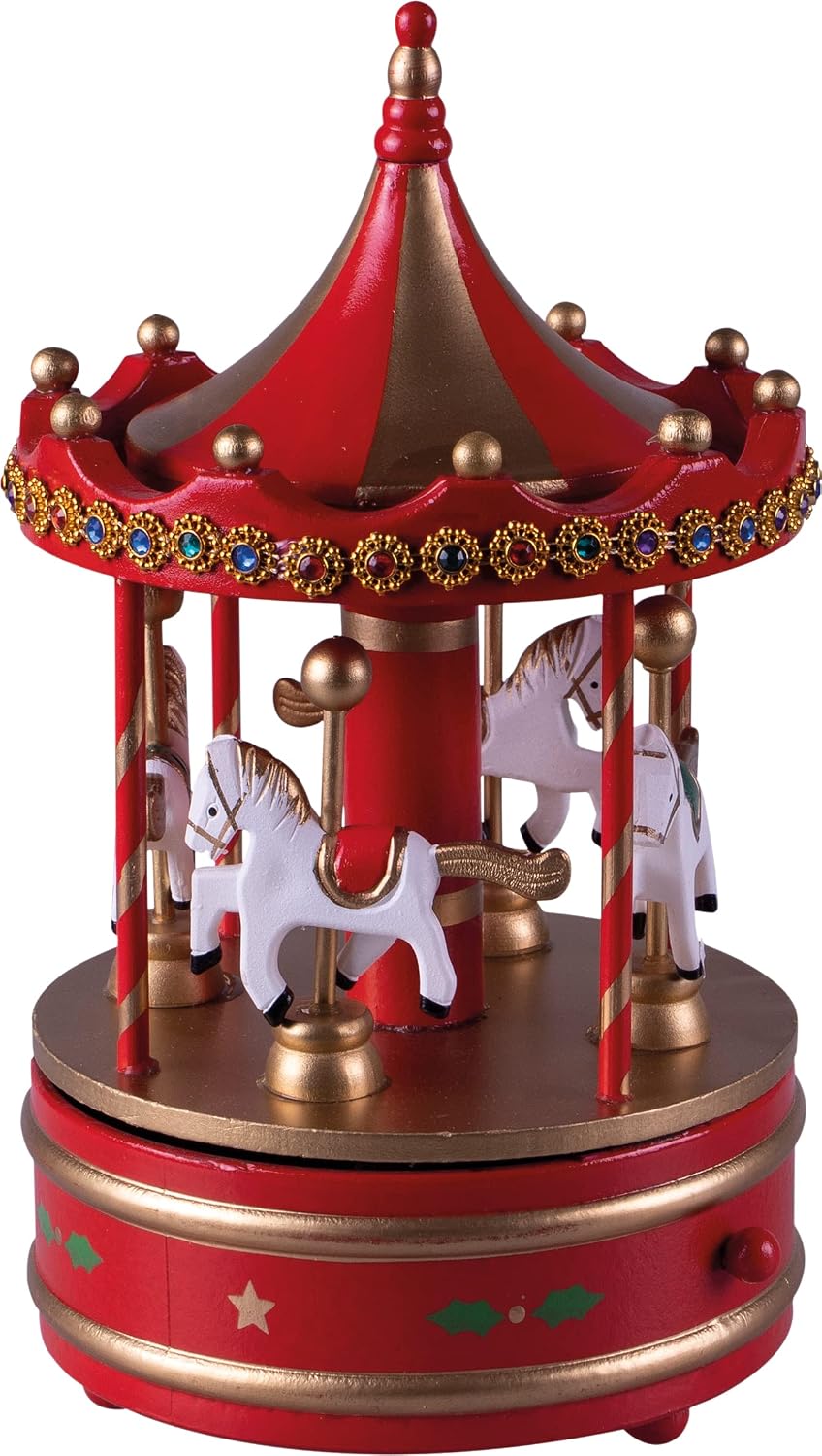 St Helens Home & Garden Wooden Carousel Music Box Red & Gold - GH9036