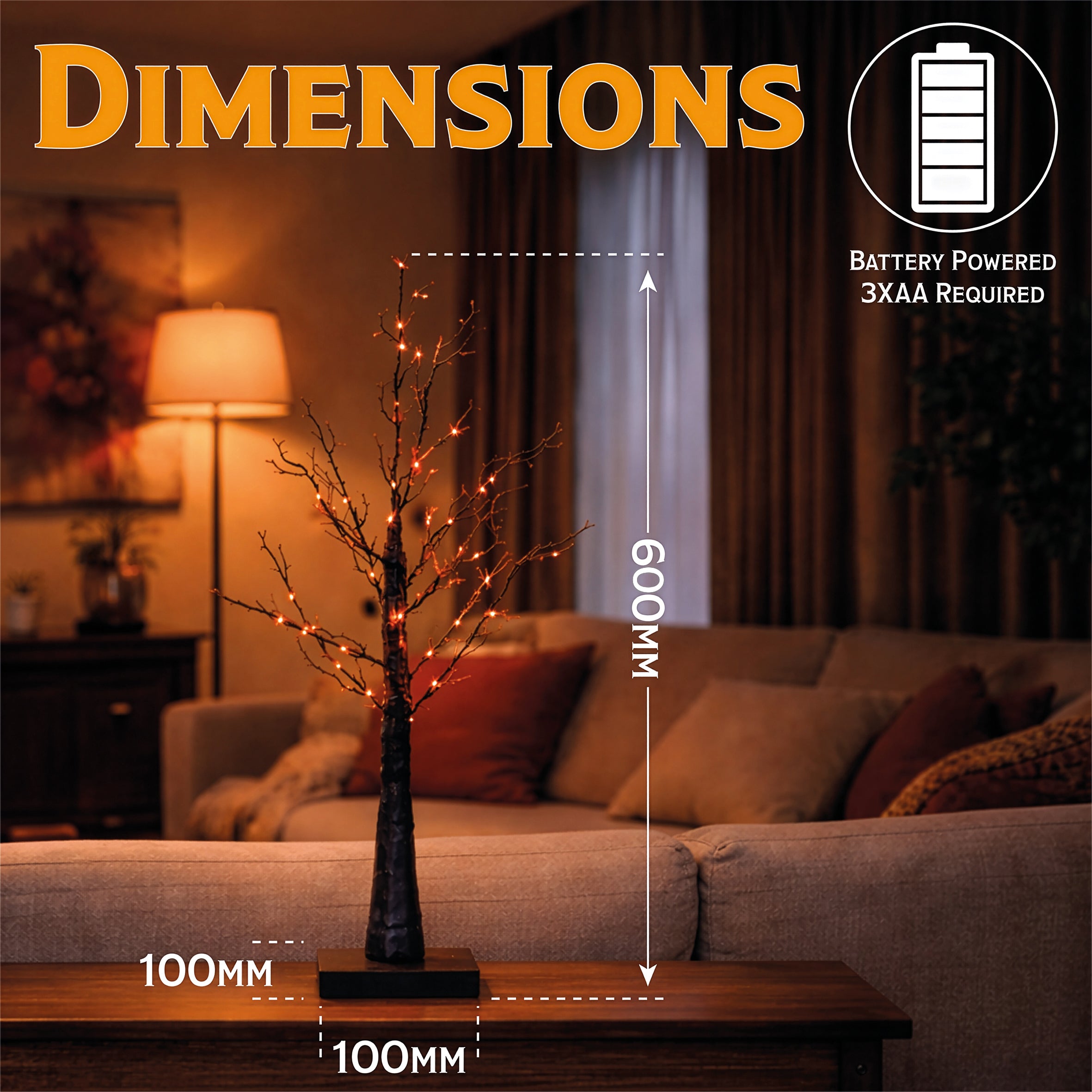 Fxlab 10x10x60cm 40L Orange LED Halloween Black Glitter Tree Indoor Battery Decoration with Timer