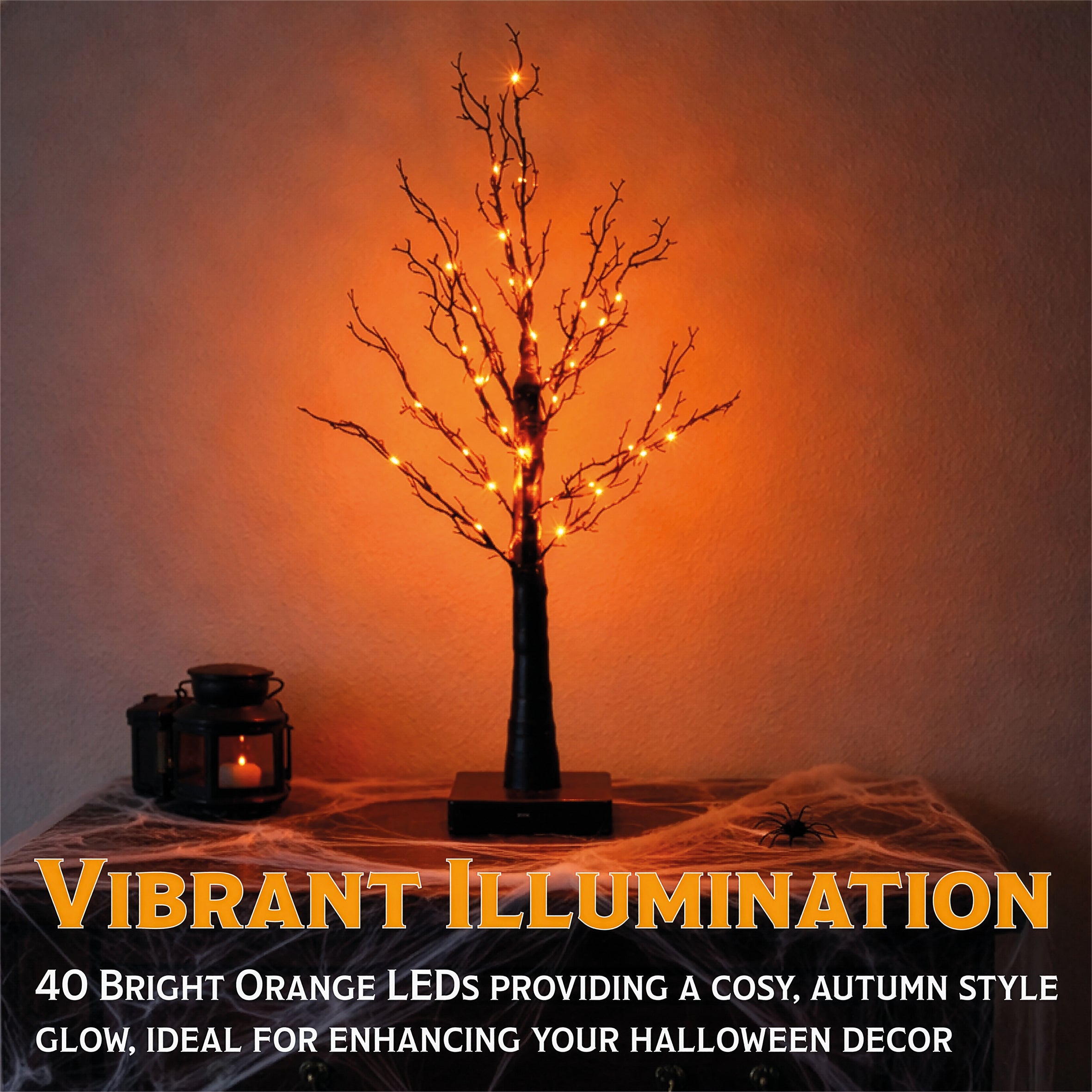 Fxlab 10x10x60cm 40L Orange LED Halloween Black Glitter Tree Indoor Battery Decoration with Timer