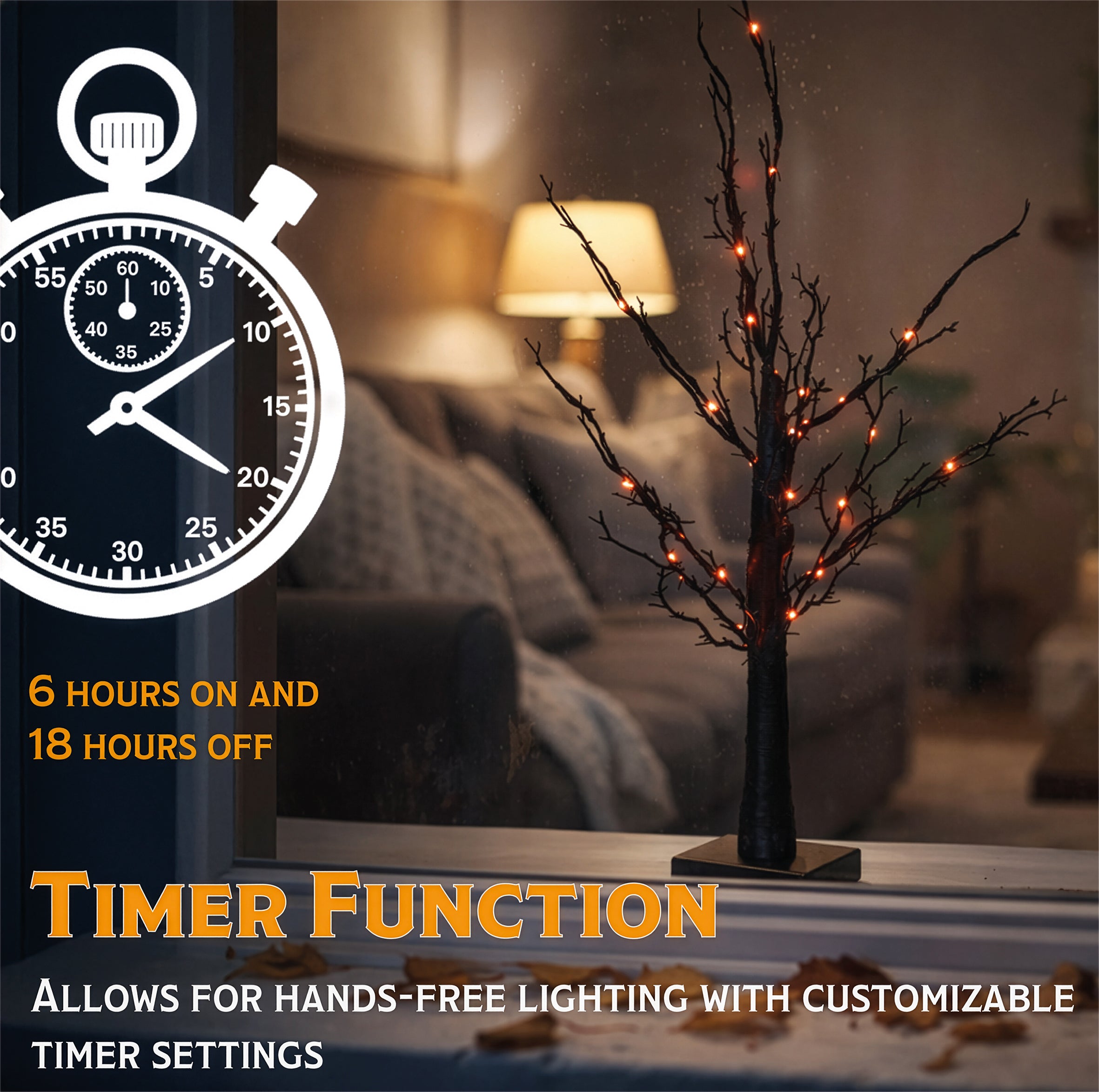 Fxlab 10x10x60cm 40L Orange LED Halloween Black Glitter Tree Indoor Battery Decoration with Timer