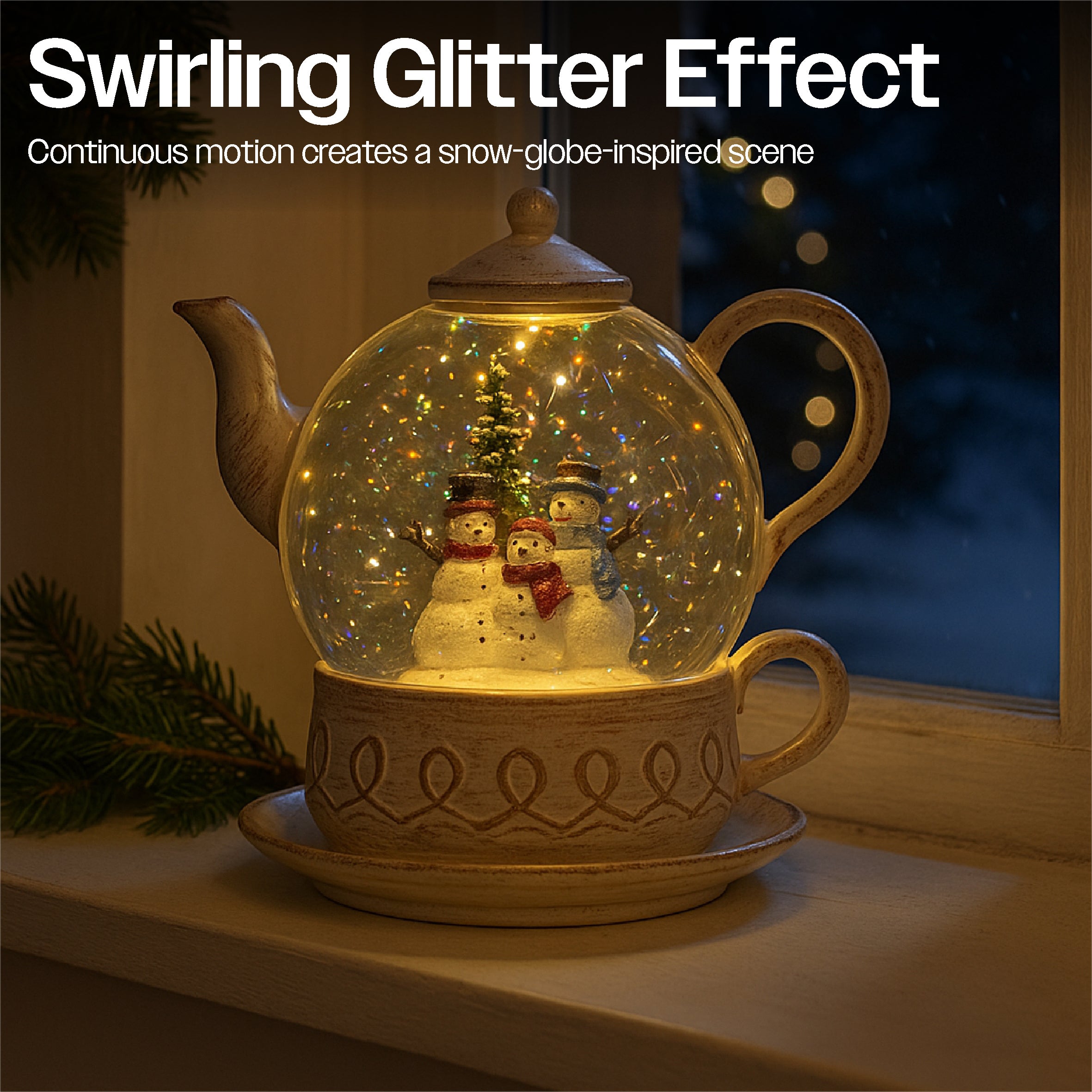 Xmas Haus Snow Swirl Festive Christmas Glitter LED Teapot