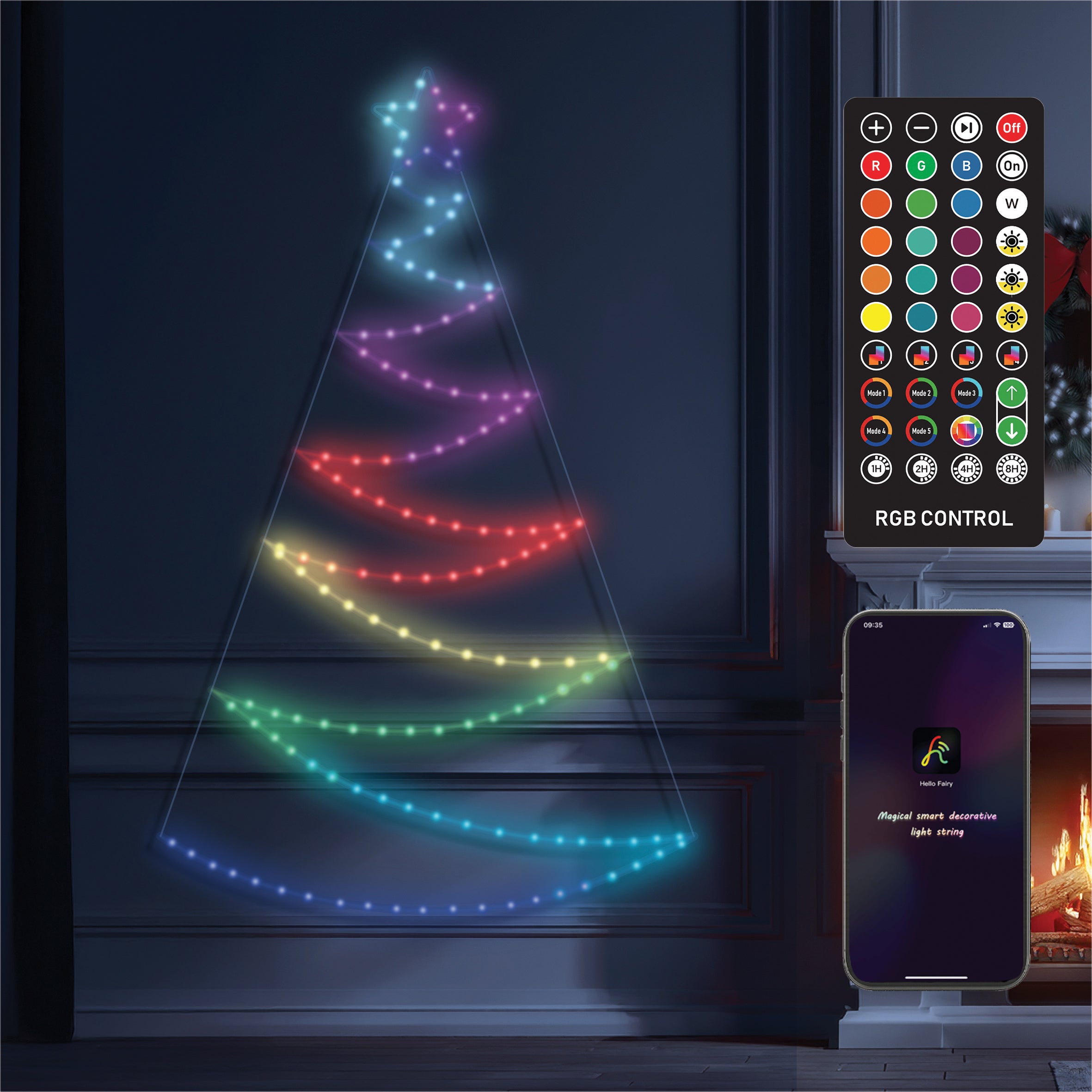 Xmas Haus Pre-Lit RGB Flat Christmas Tree Silhouette Plastic Frame, App or Handheld Remote Controlled 1.3m