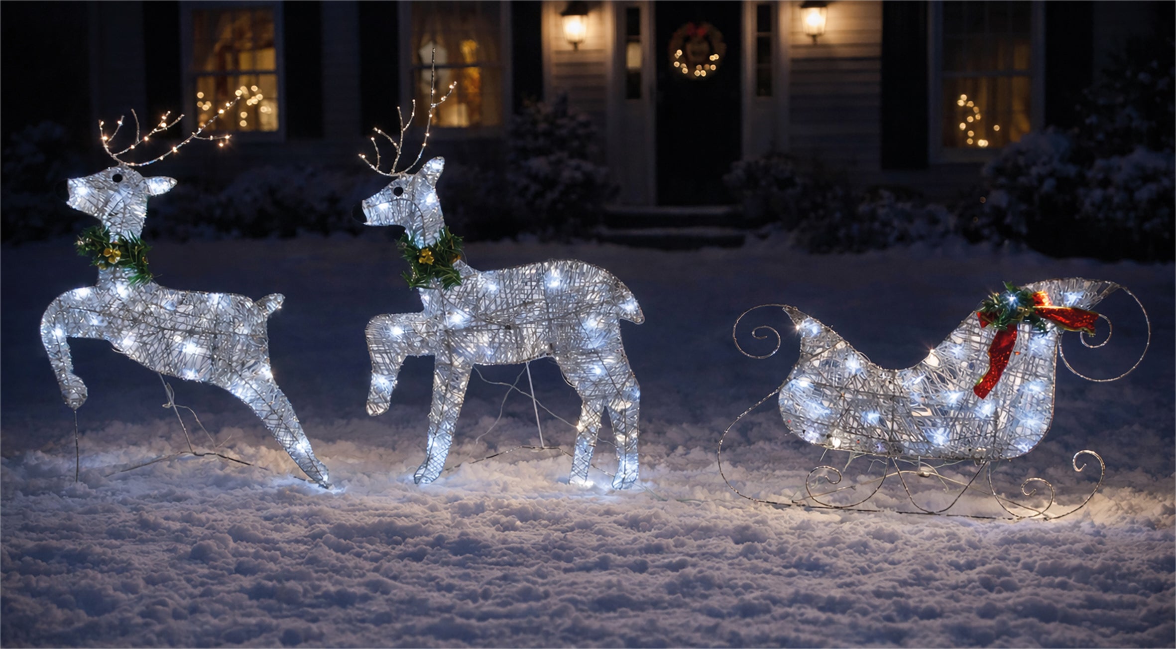 Xmas Haus LED Silver Glitter Deer and Sleigh Outdoor Decoration with Flash and Timer