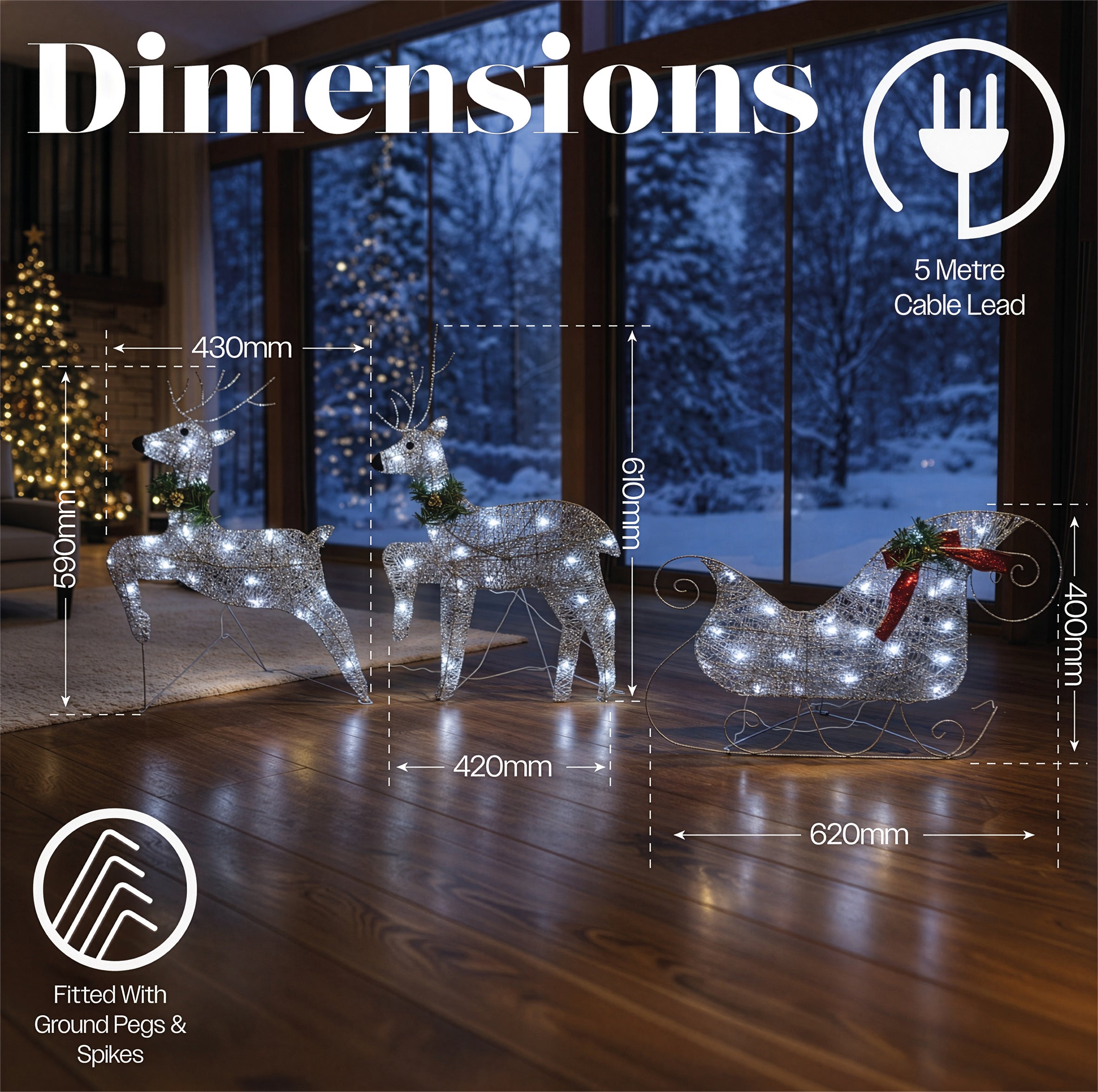 Xmas Haus LED Silver Glitter Deer and Sleigh Outdoor Decoration with Flash and Timer