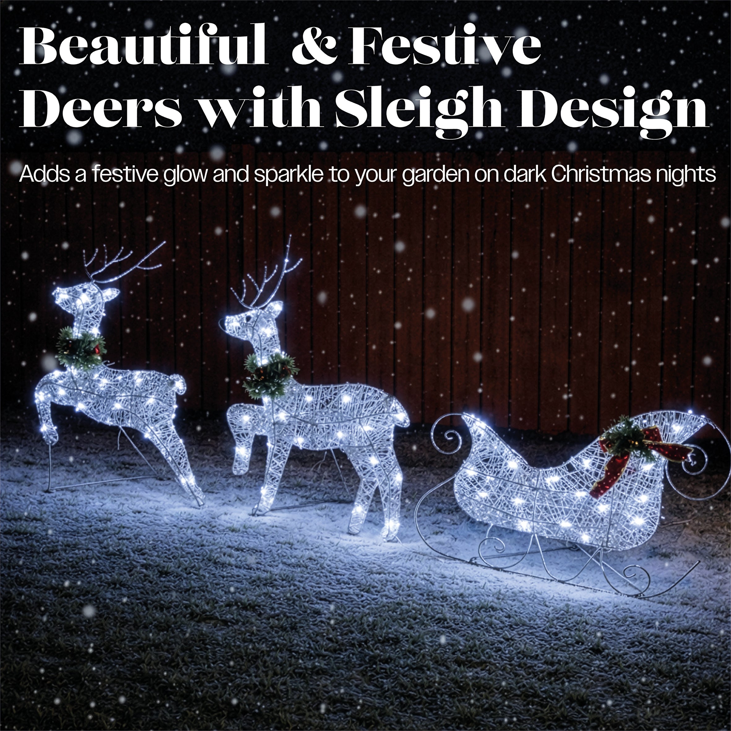 Xmas Haus LED Silver Glitter Deer and Sleigh Outdoor Decoration with Flash and Timer