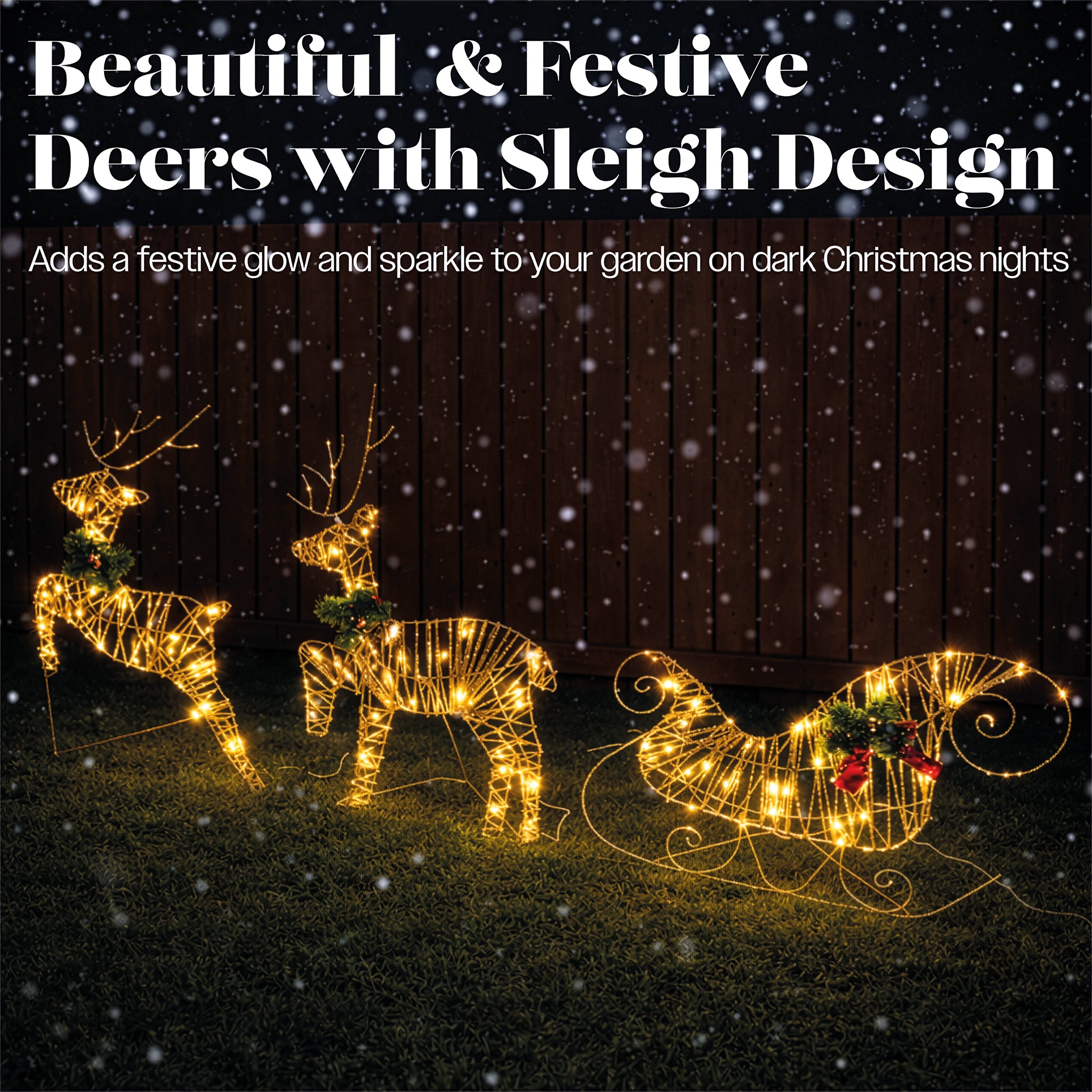 Xmas Haus Rose Gold Light Up Reindeer and Sleigh Indoor Outdoor Christmas Decoration with Timer