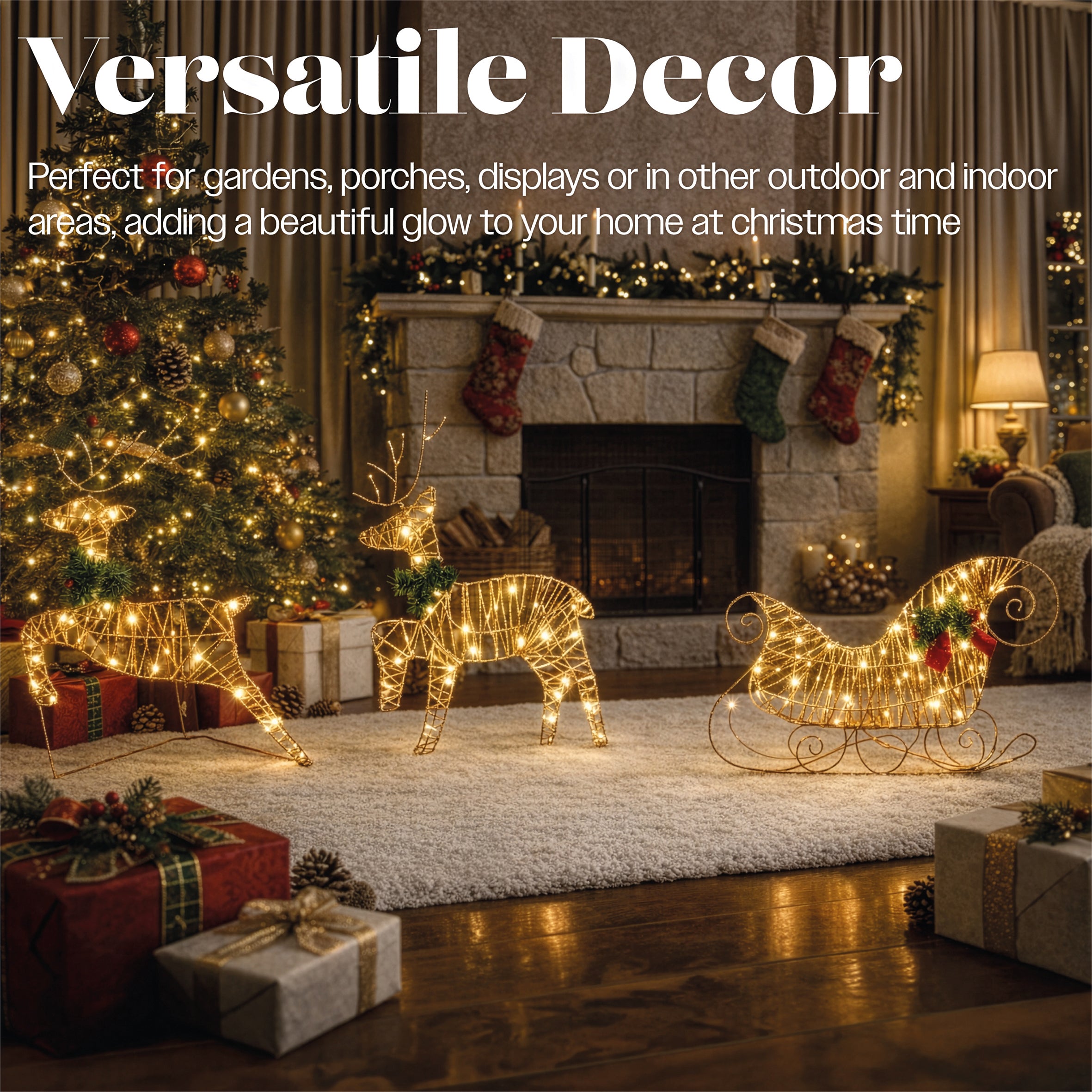 Xmas Haus Rose Gold Light Up Reindeer and Sleigh Indoor Outdoor Christmas Decoration with Timer