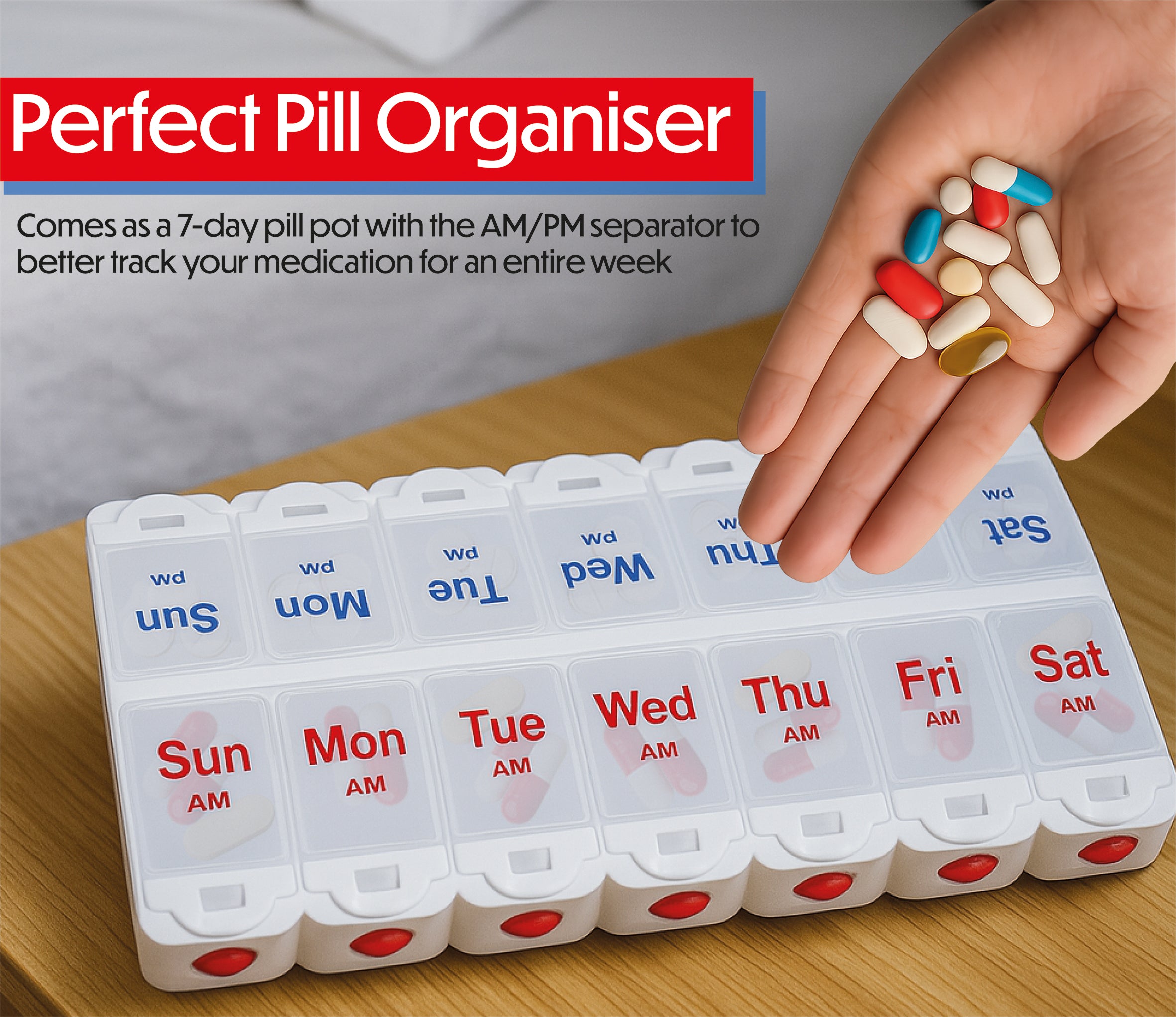 Deluxe AM/PM Weekday Pill Dispenser with Push Button Release - VM931AB